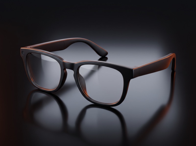 Matte-black AI smart glasses with a discreet camera, orange rim lighting