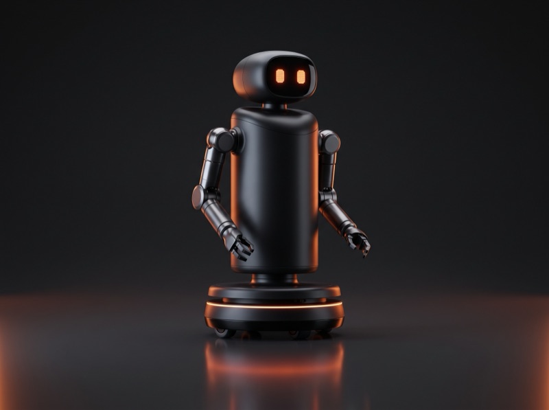 Wheeled service robot with two arms and glowing orange eyes