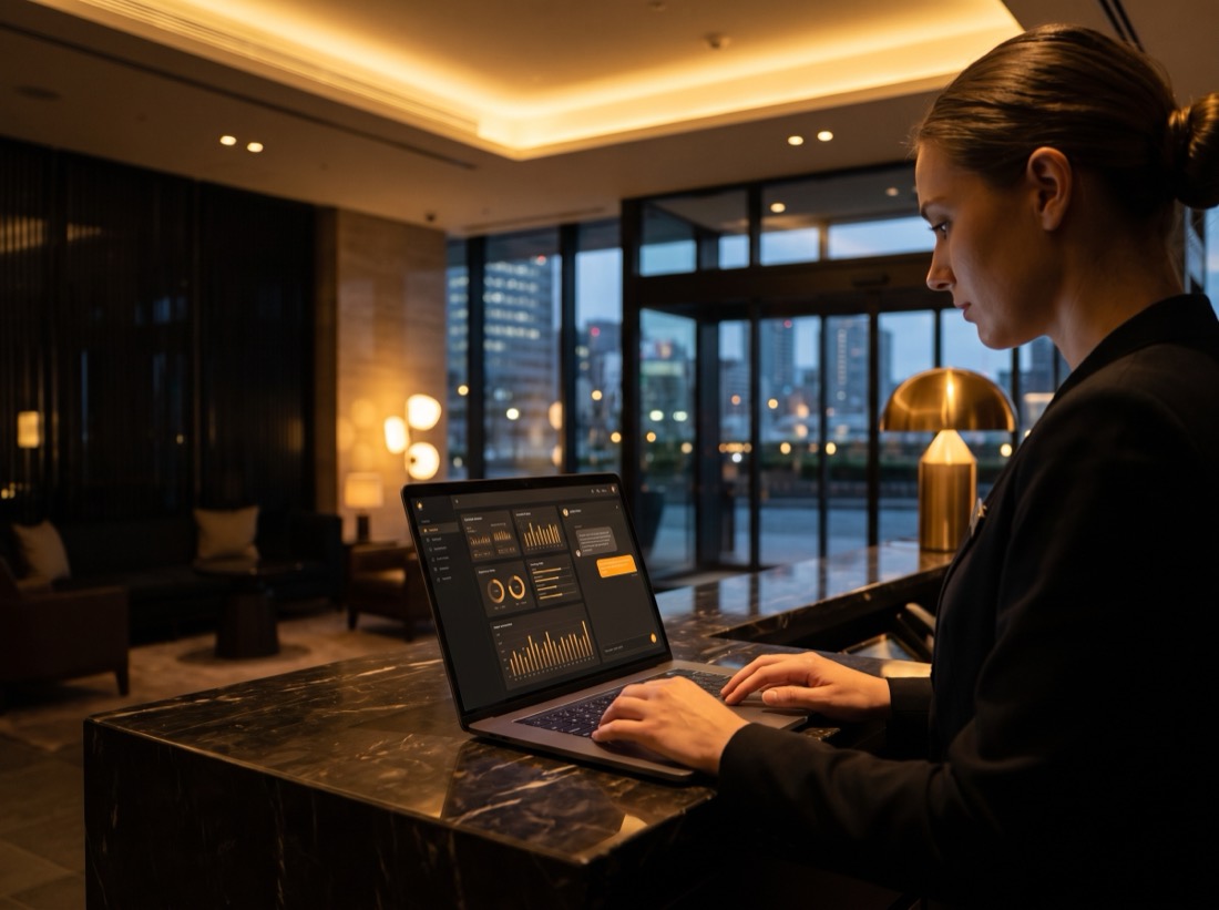 A receptionist at a marble front desk working in a dark AI dashboard with orange accent charts on her laptop
